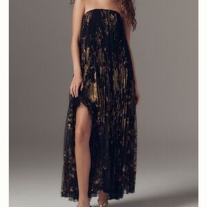 NEW Anthropologie Helsi Delphine Strapless Black Gold Pleated Lace Maxi Dress